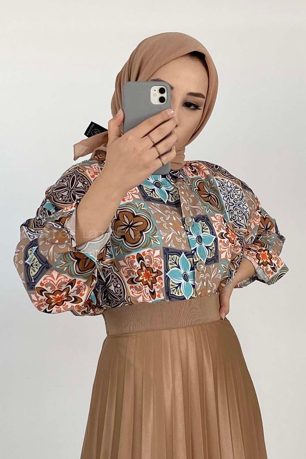 Modalamelif Kilim Desen Dijital Baskı Gömlek Mint