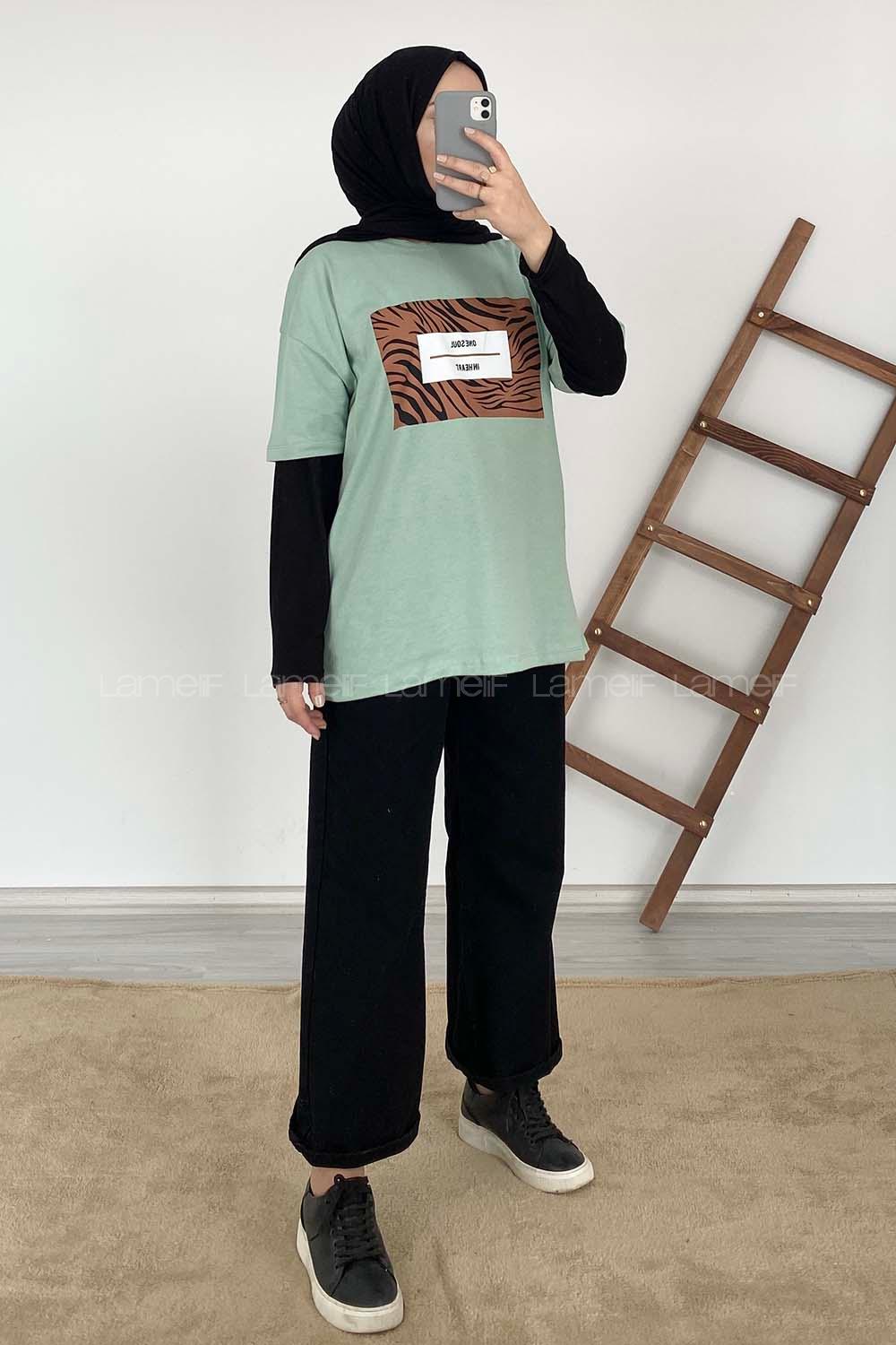 Modalamelif One Soul Baskılı Oversize T-Shirt Çağla Yeşili