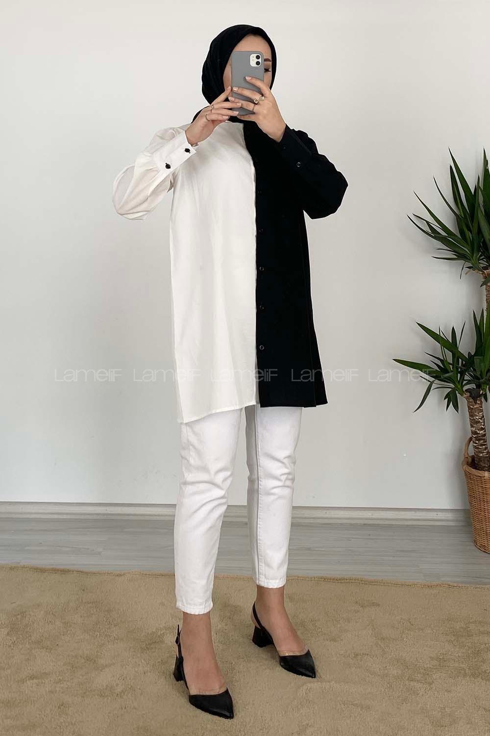 Modalamelif Renk Garnili Gömlek Siyah Beyaz