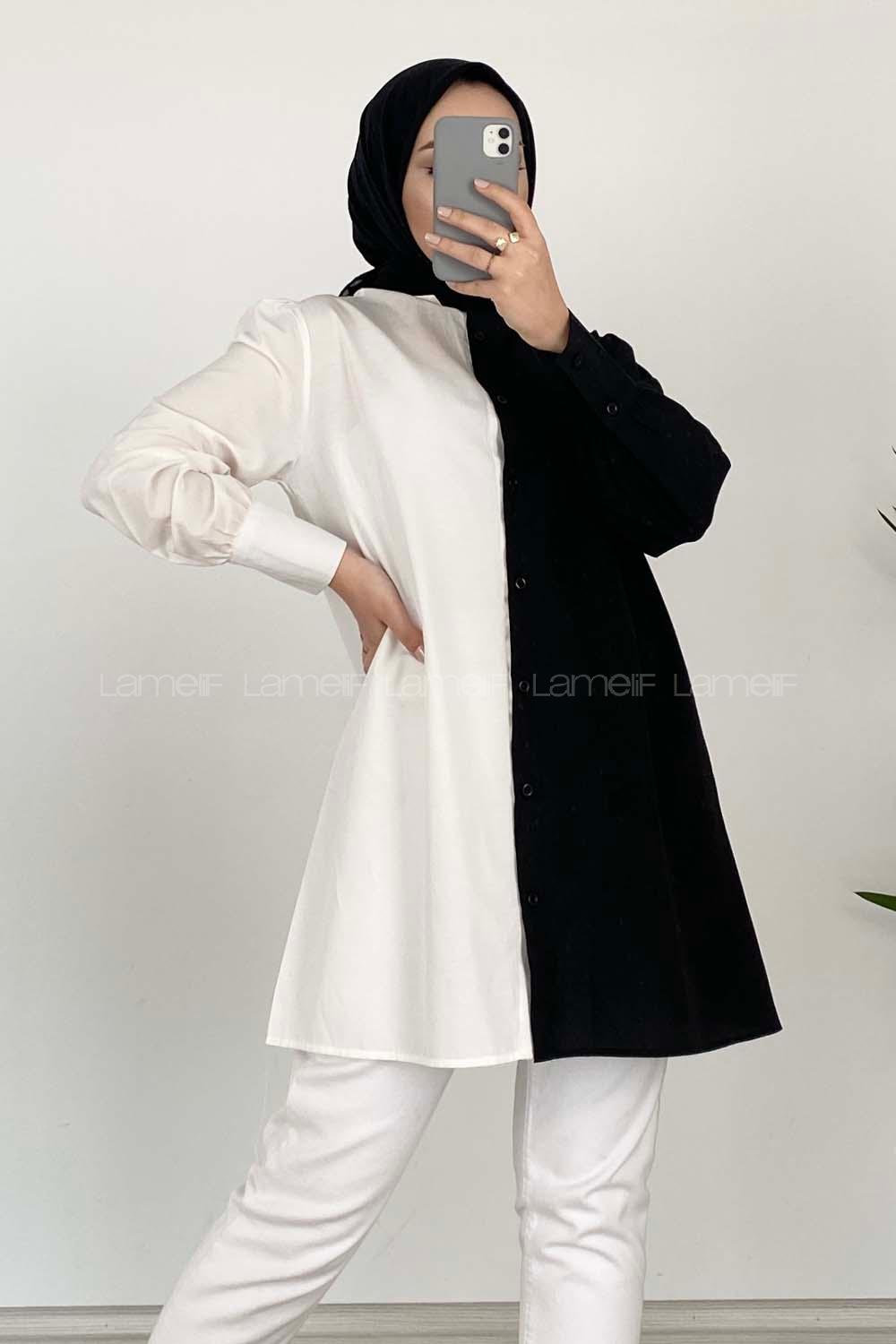 Modalamelif Renk Garnili Gömlek Siyah Beyaz