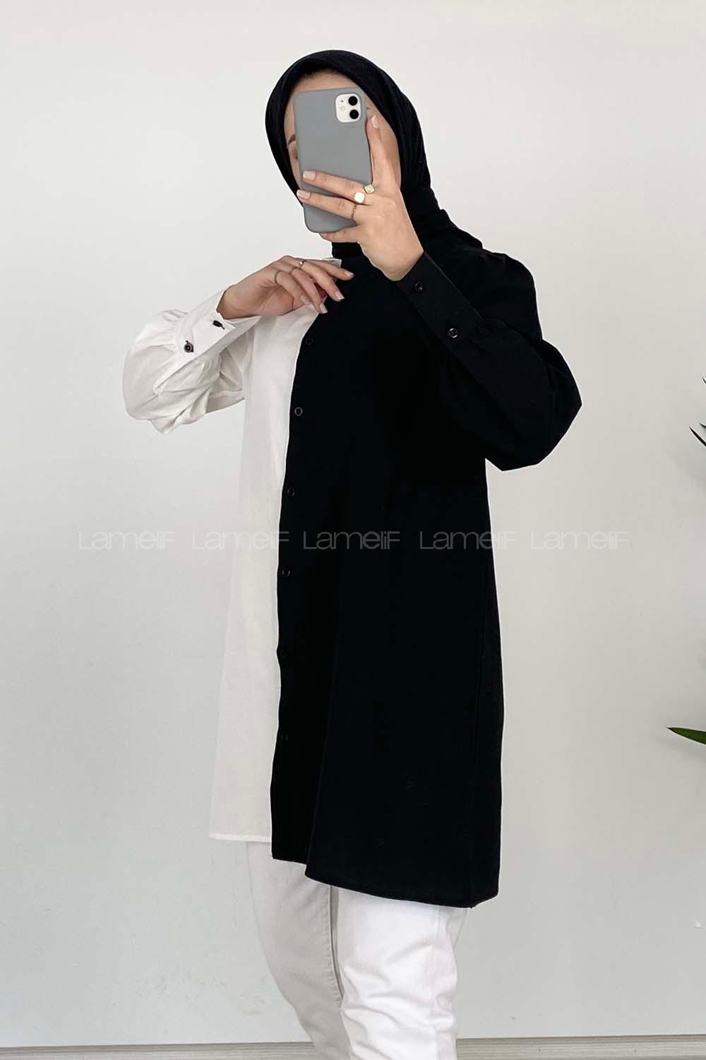 Modalamelif Renk Garnili Gömlek Siyah Beyaz