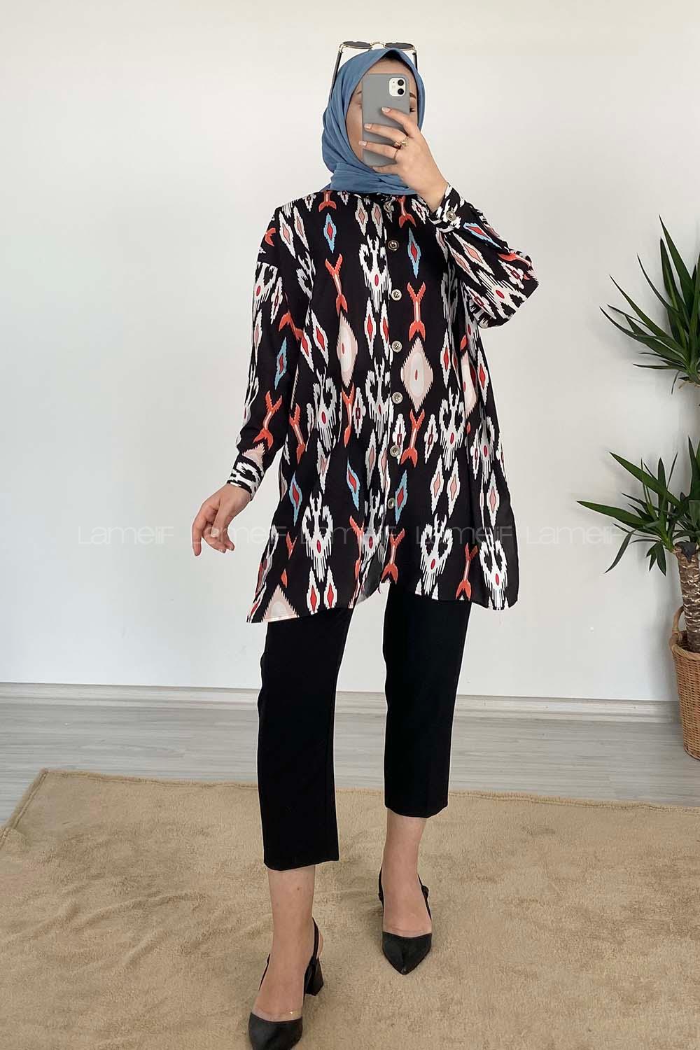 Modalamelif Soyut  Desen Dijital Baskı Gömlek Siyah