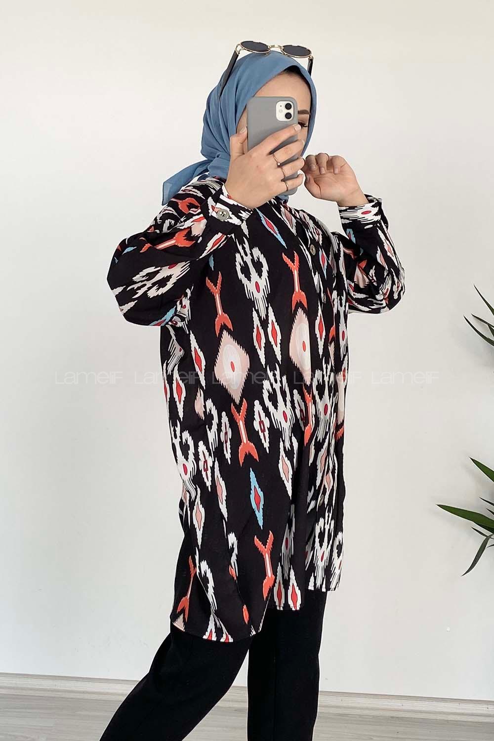 Modalamelif Soyut  Desen Dijital Baskı Gömlek Siyah