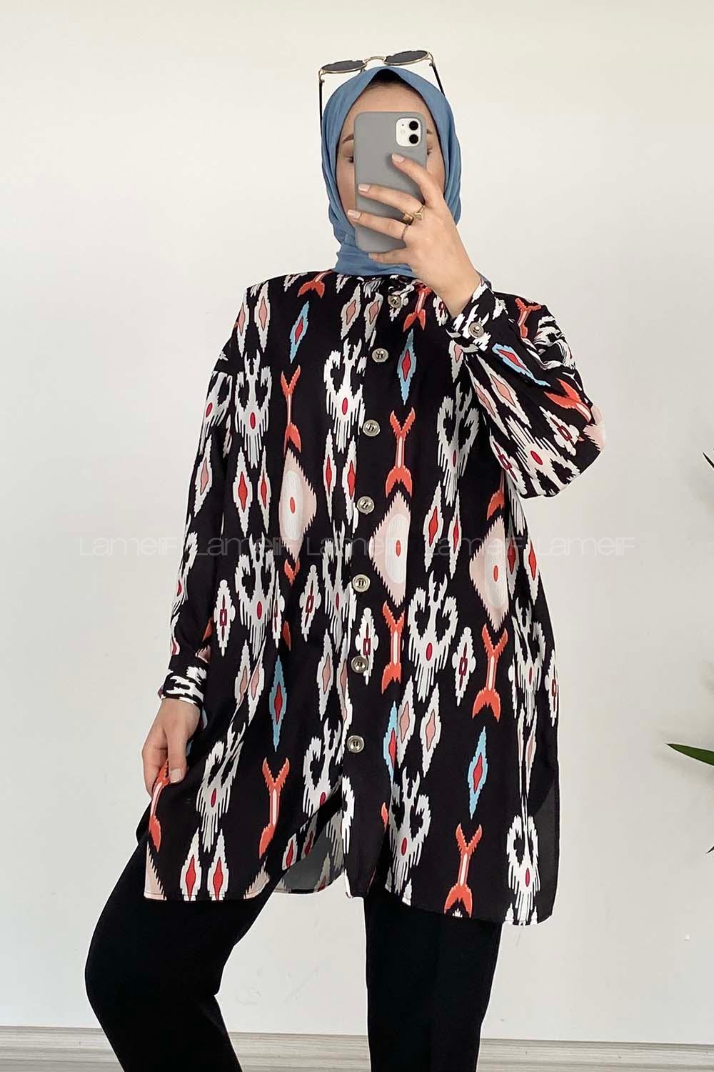 Modalamelif Soyut  Desen Dijital Baskı Gömlek Siyah