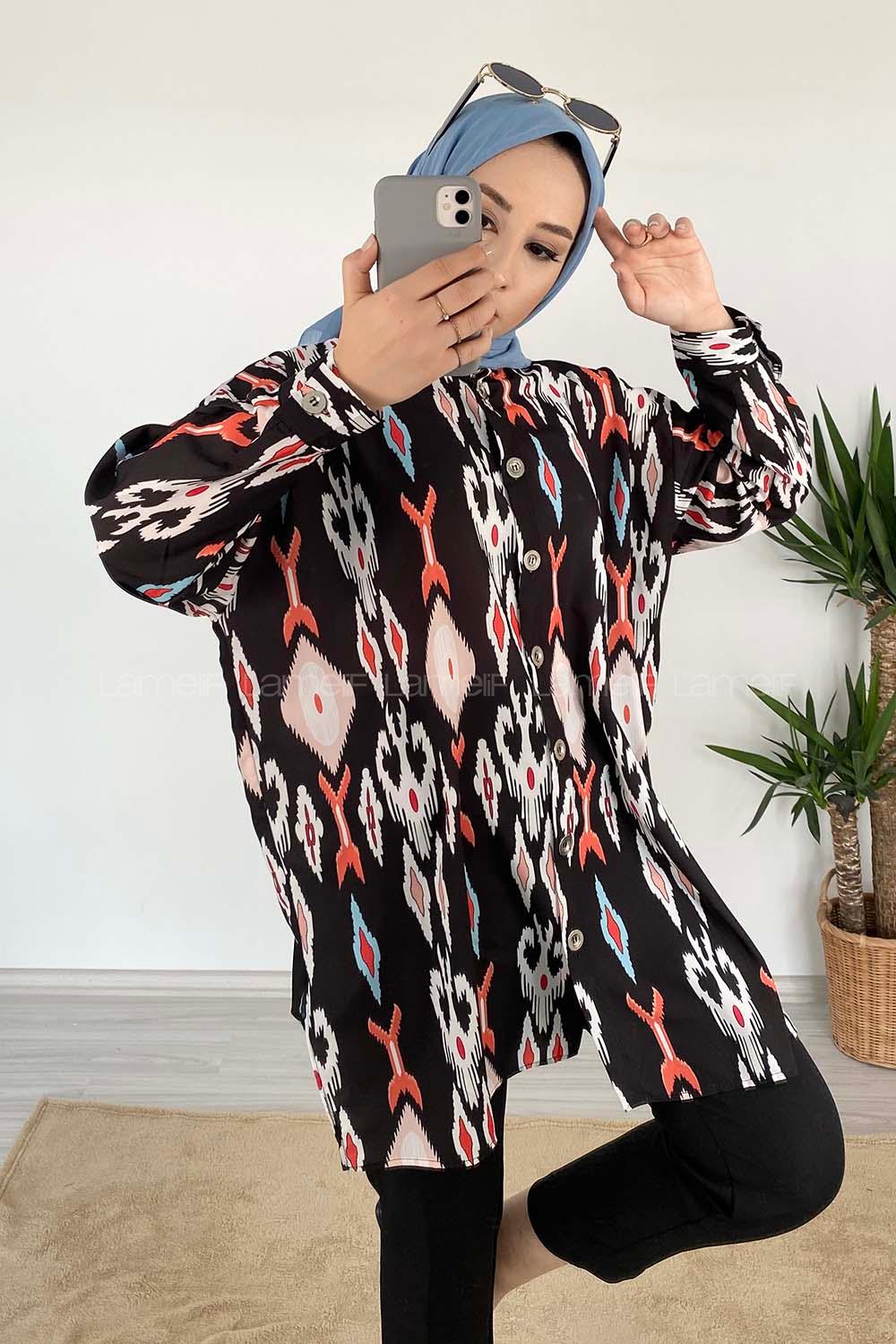 Modalamelif Soyut  Desen Dijital Baskı Gömlek Siyah