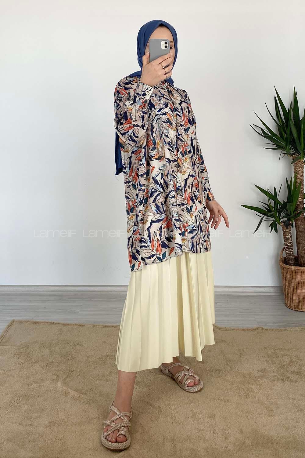 Modalamelif Yaprak Desen Dijital Baskı Gömlek Bej