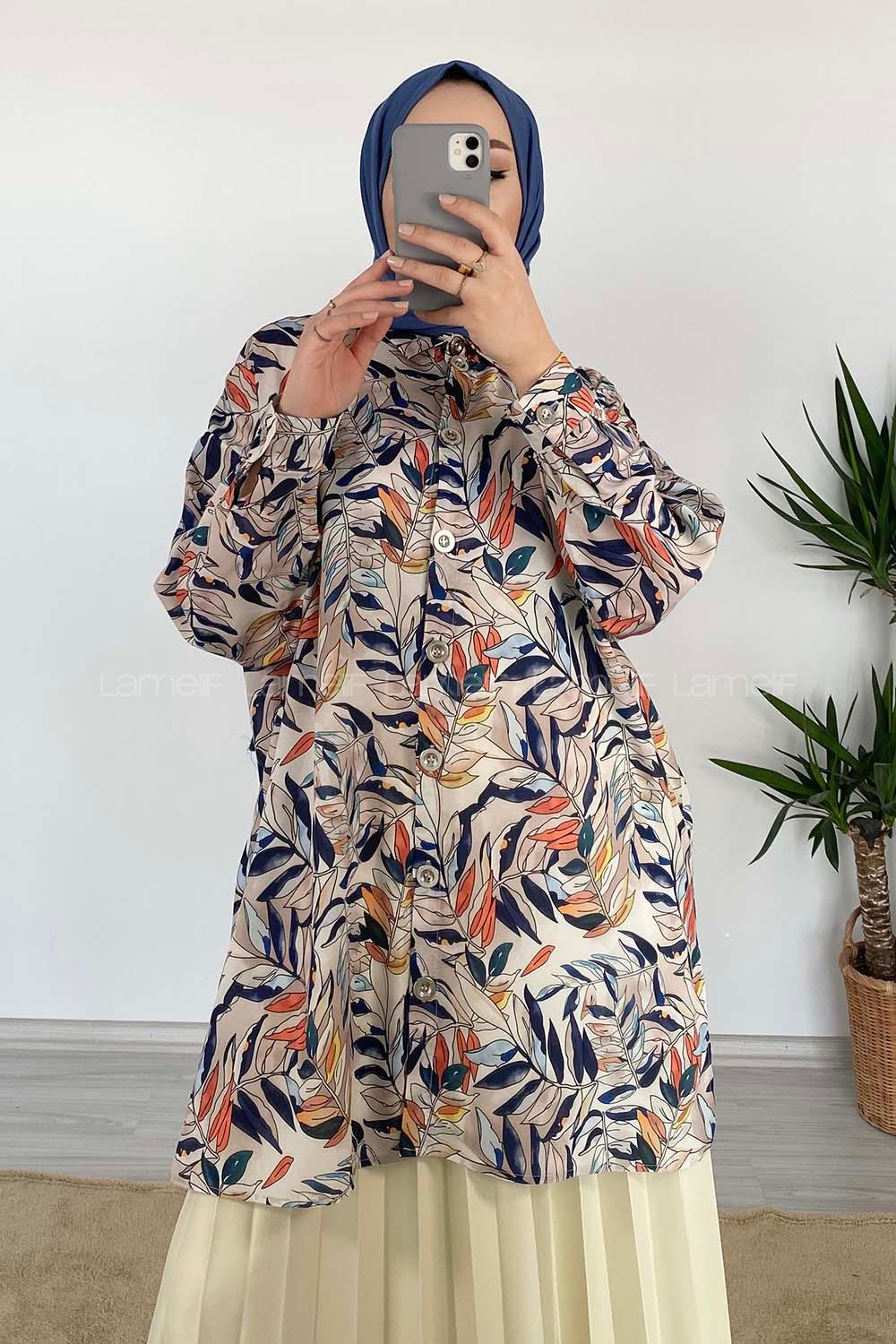 Modalamelif Yaprak Desen Dijital Baskı Gömlek Bej