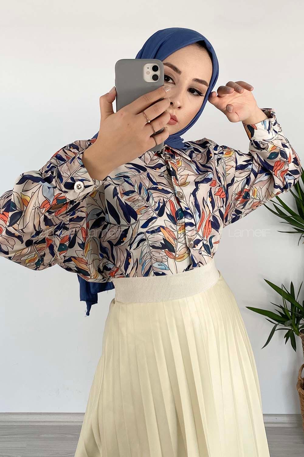 Modalamelif Yaprak Desen Dijital Baskı Gömlek Bej