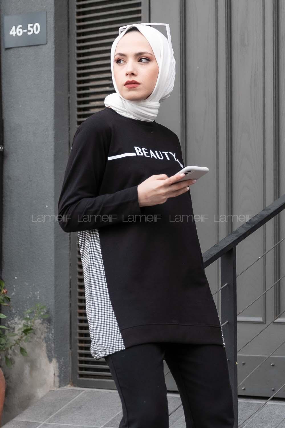 Modalamelif Beauty Ekose Garnili Tunik Siyah