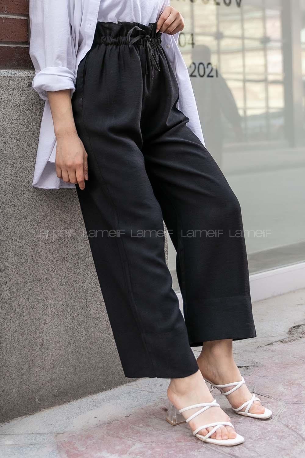 Modalamelif Beli Fırfırlı Bol Paça Pantolon Siyah