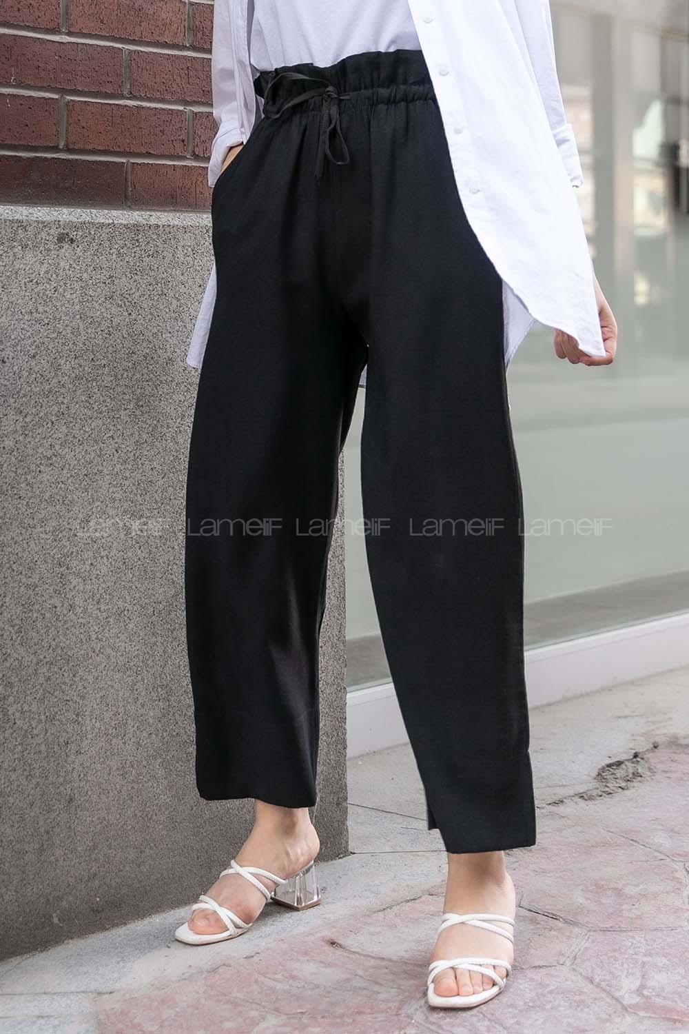 Modalamelif Beli Fırfırlı Bol Paça Pantolon Siyah