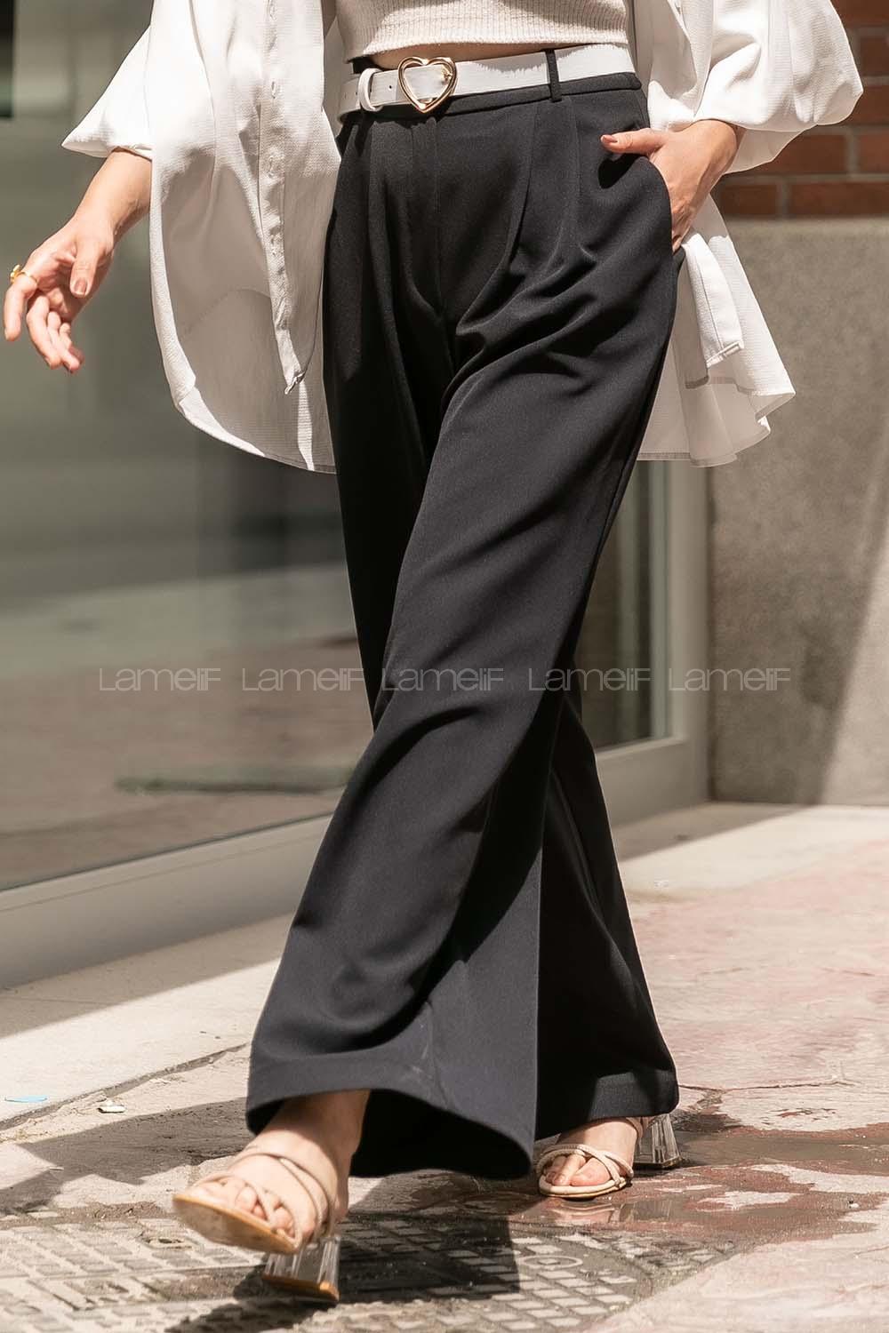 Modalamelif Bol Paça Pileli Pantolon Siyah