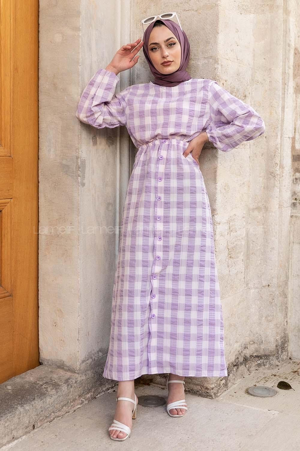 Modalamelif Eteği Dümeli Kareli Gofre Elbise Lila