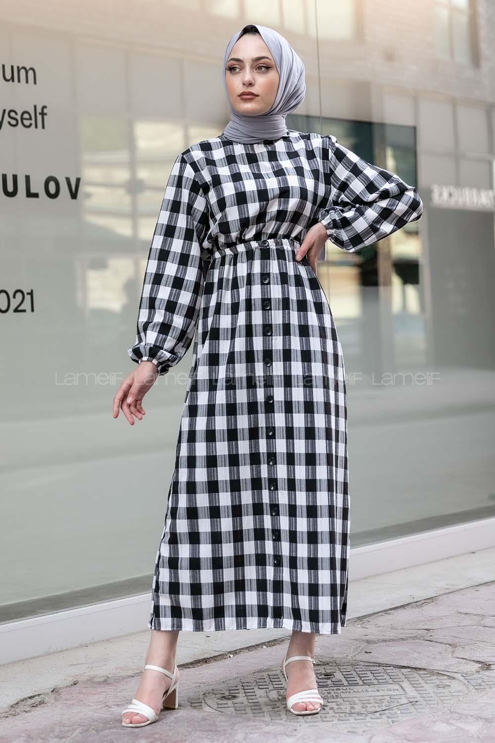 Modalamelif Eteği Dümeli Kareli Gofre Elbise Siyah