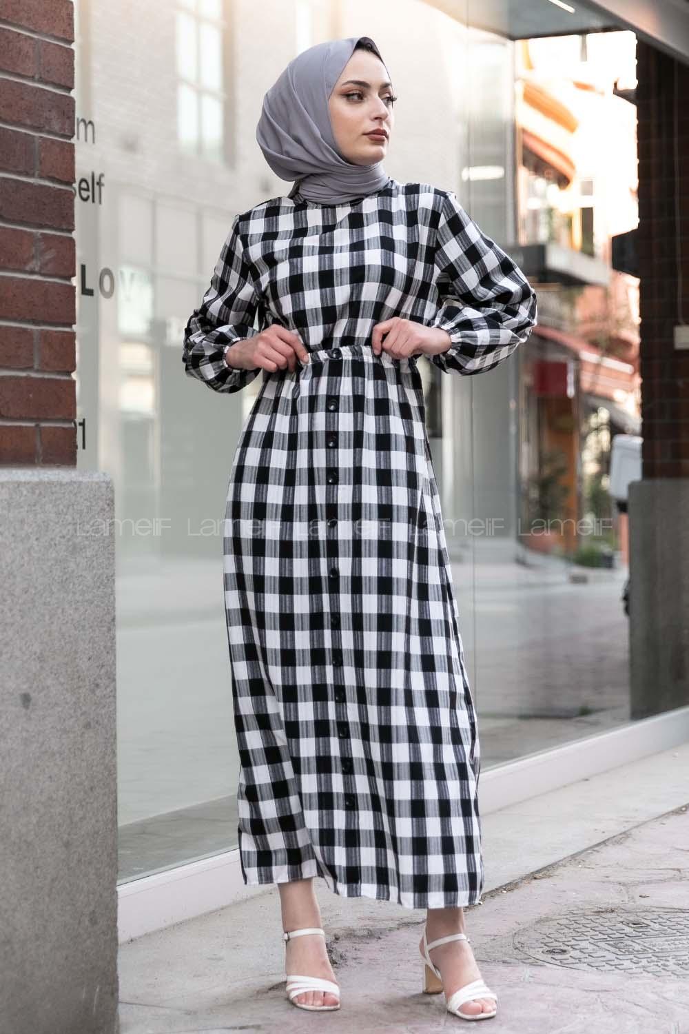 Modalamelif Eteği Dümeli Kareli Gofre Elbise Siyah