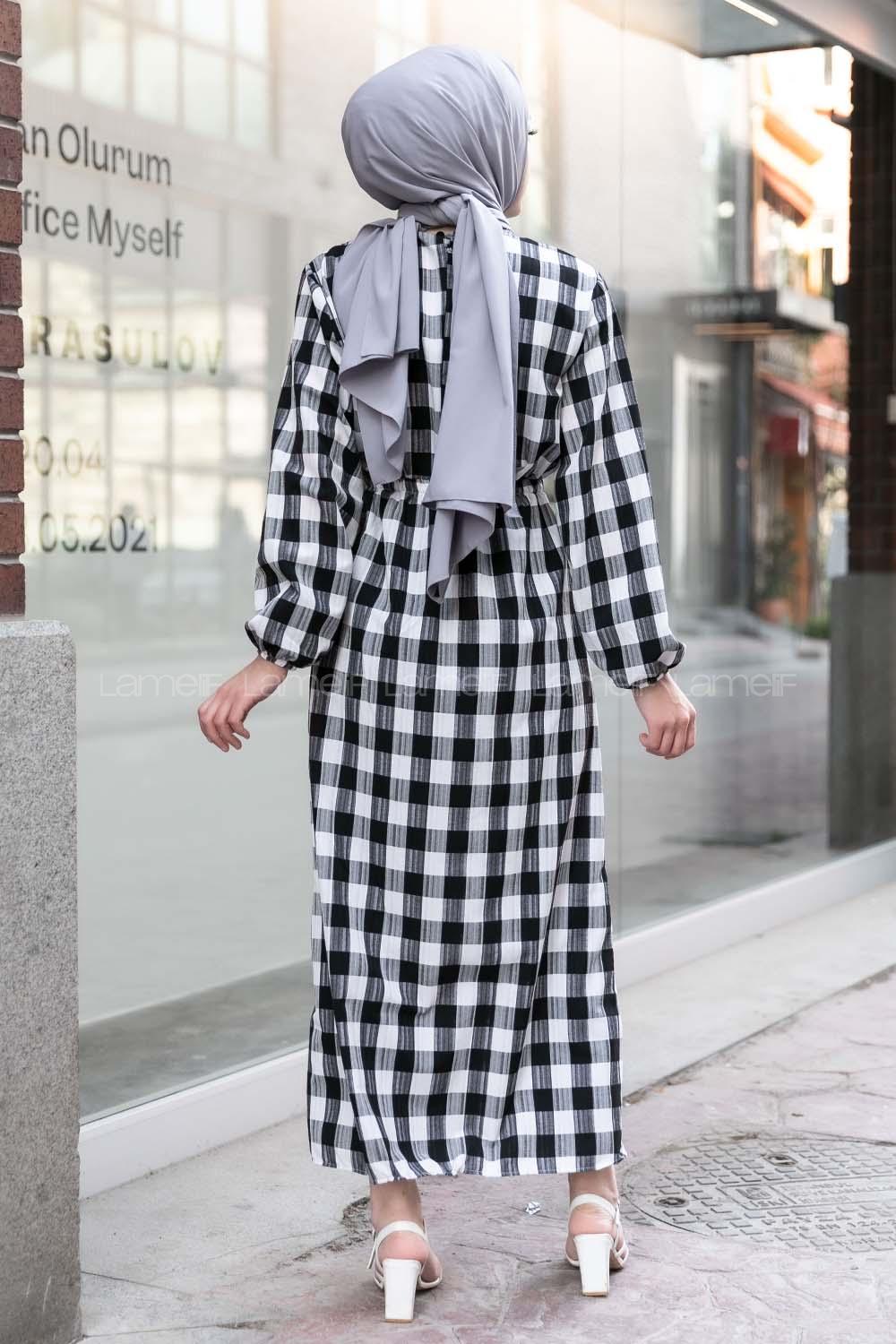 Modalamelif Eteği Dümeli Kareli Gofre Elbise Siyah