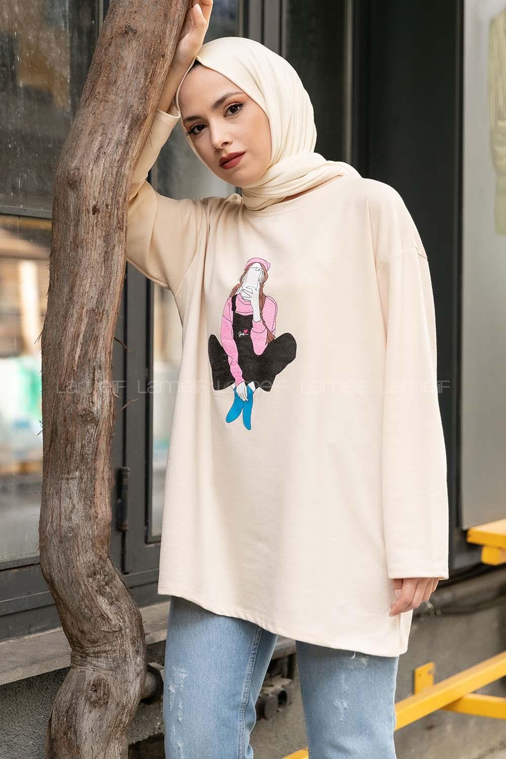 Modalamelif Kız Love Baskılı  Sweatshirt Bej