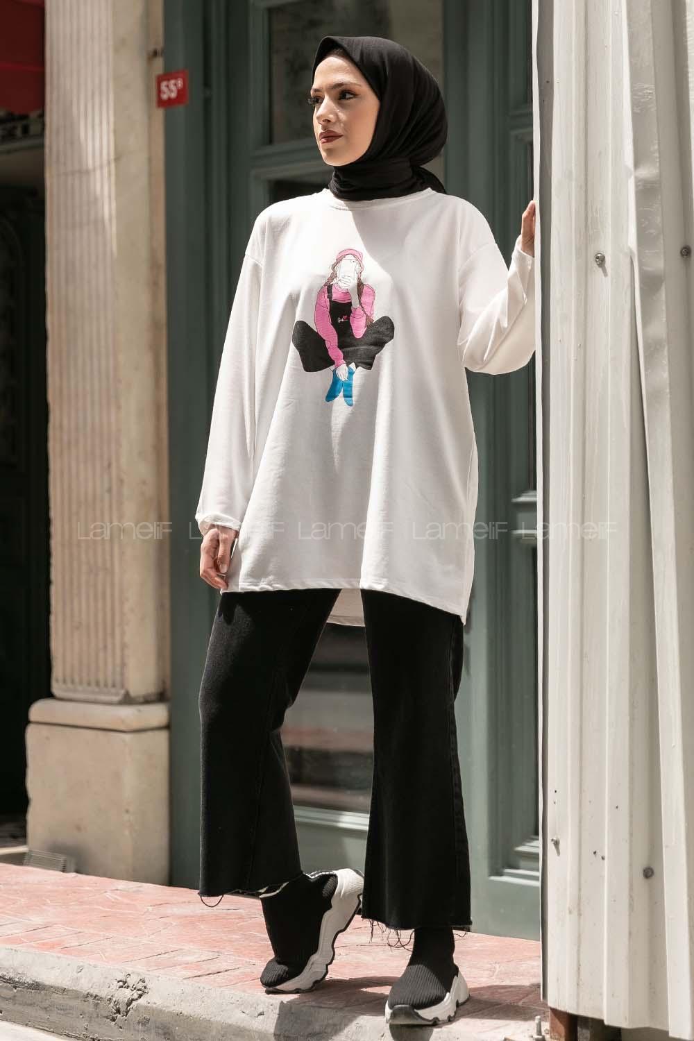 Modalamelif Kız Love Baskılı  Sweatshirt Beyaz