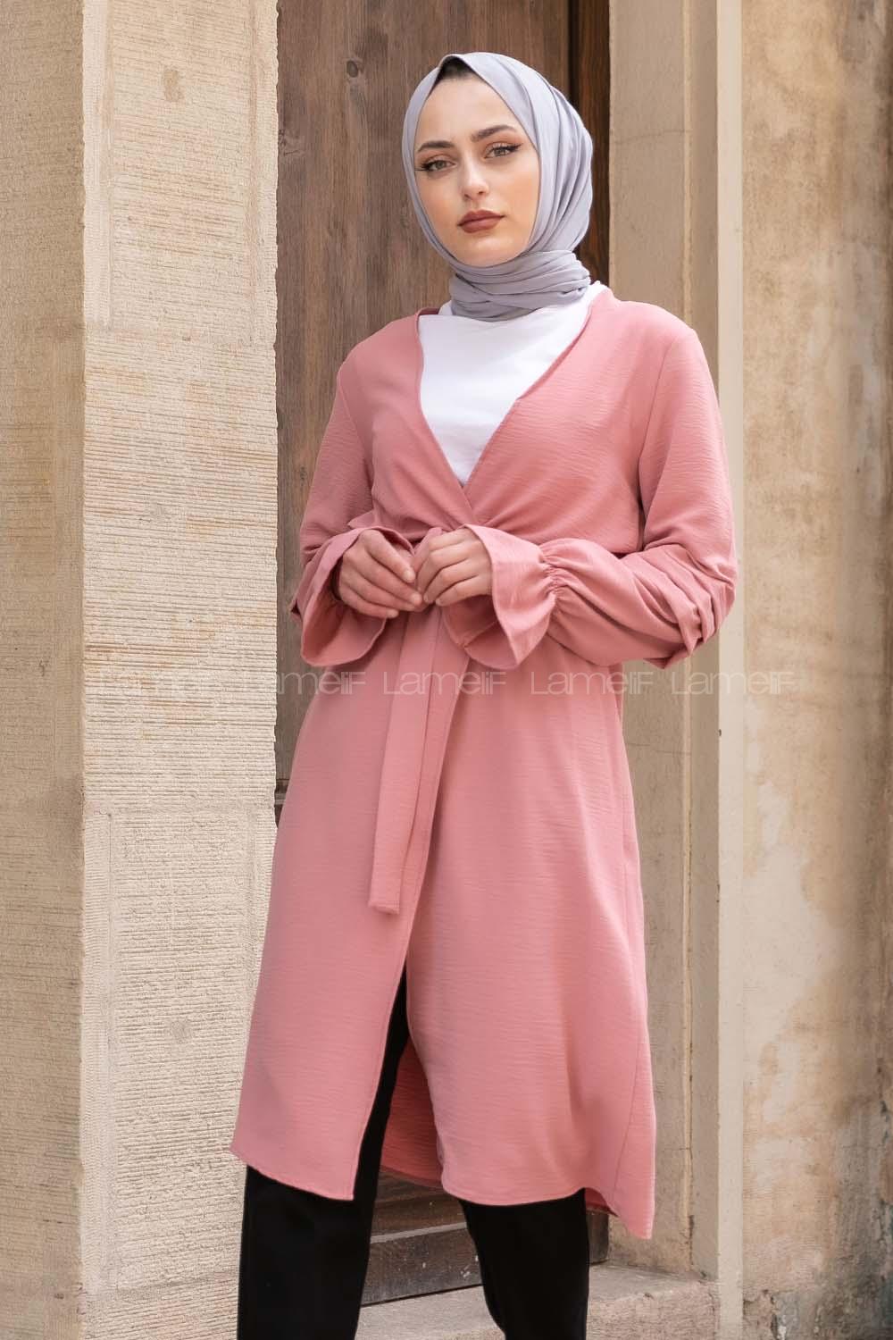 Modalamelif Kol Pileli Onu Bağlamalı Trenç Pudra