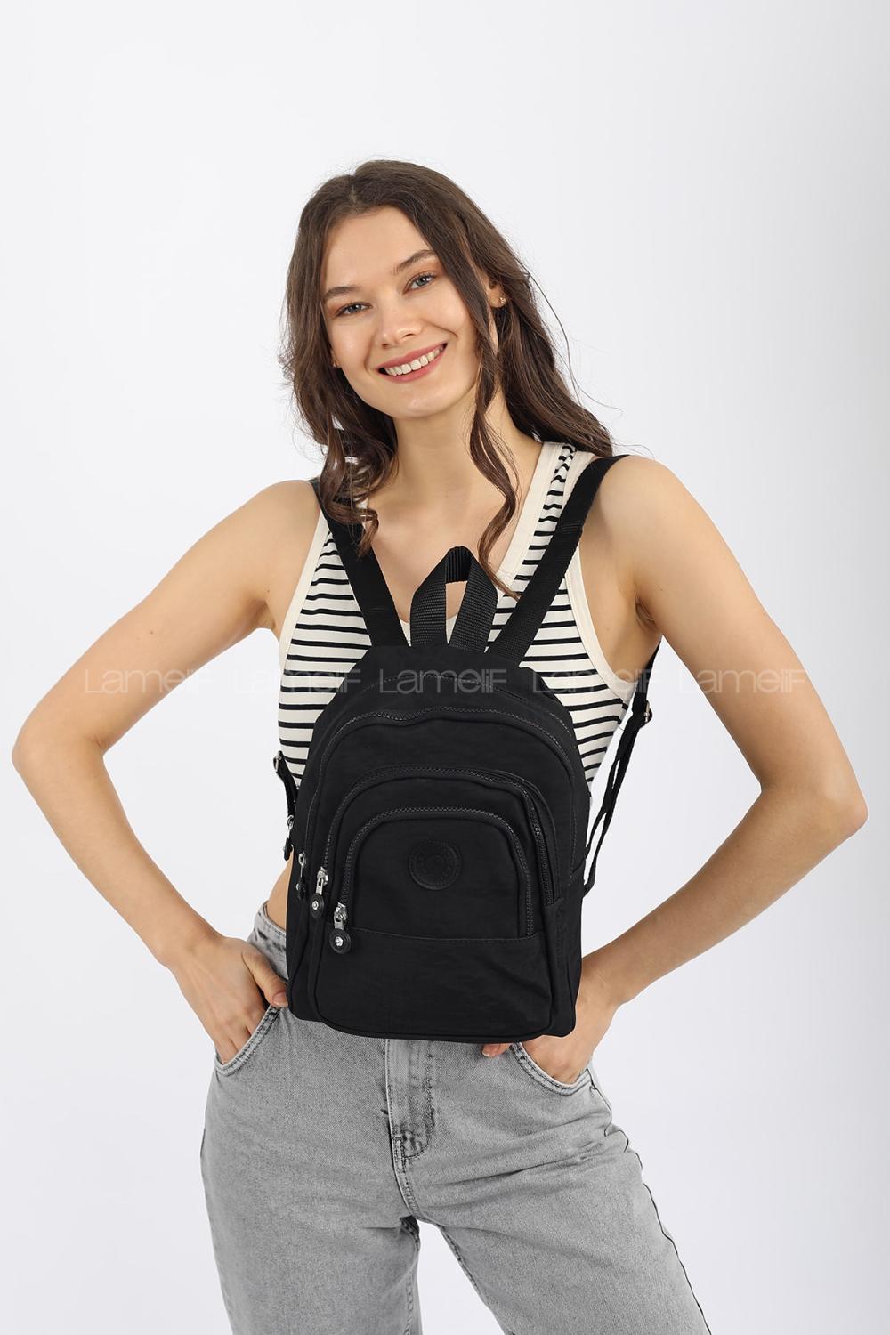 Modalamelif Krinkıl Kumaş Çok Bölmeli Sırt Çantası Siyah