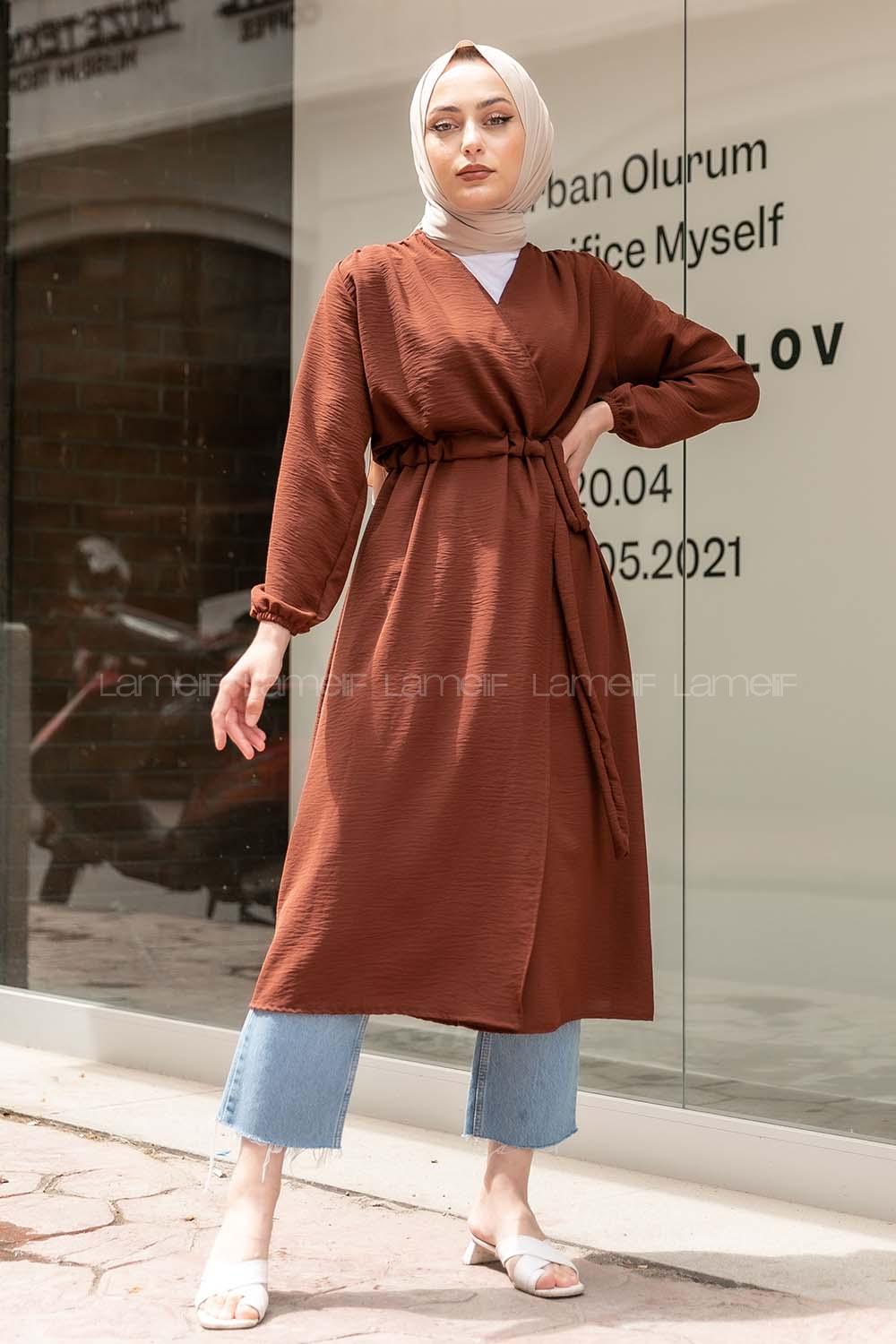 Modalamelif Yan Belden Bağlamalı  Trenç Acı Kahve