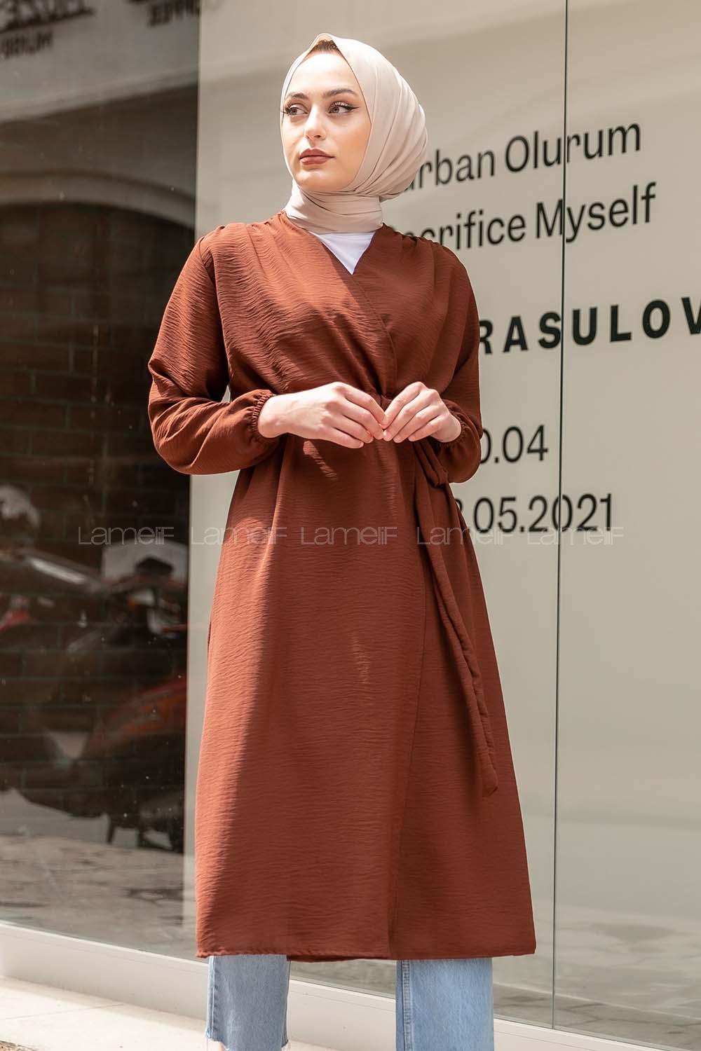 Modalamelif Yan Belden Bağlamalı  Trenç Acı Kahve