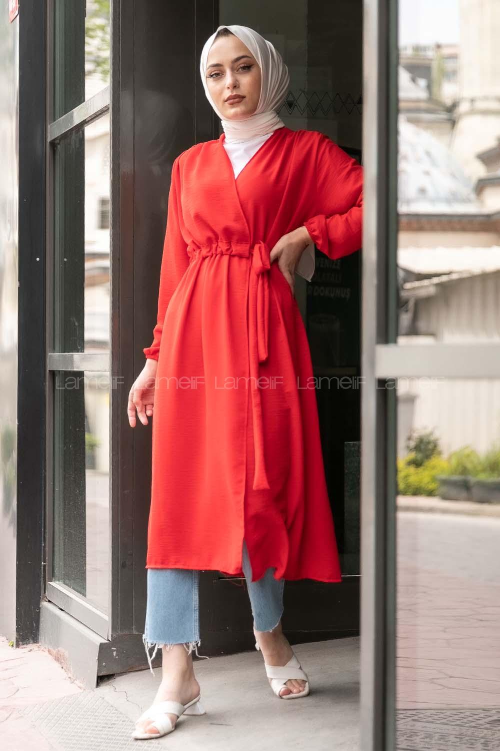 Modalamelif Yan Belden Bağlamalı  Trenç Kırmızı