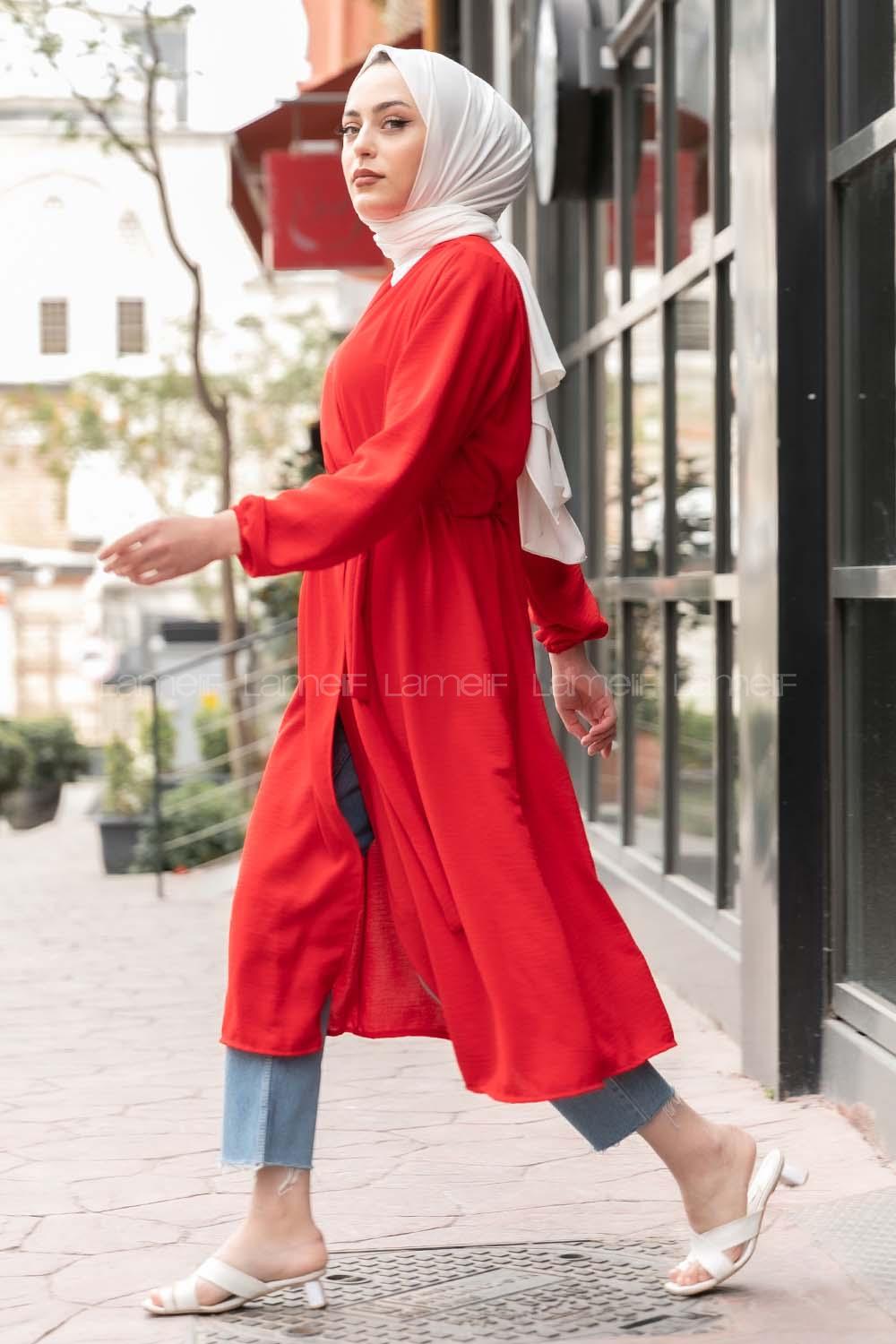 Modalamelif Yan Belden Bağlamalı  Trenç Kırmızı