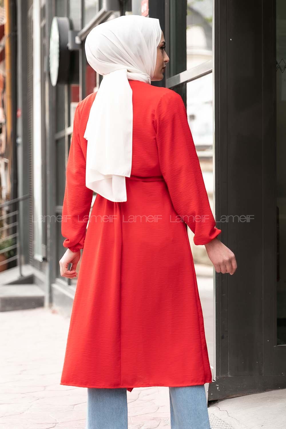 Modalamelif Yan Belden Bağlamalı  Trenç Kırmızı