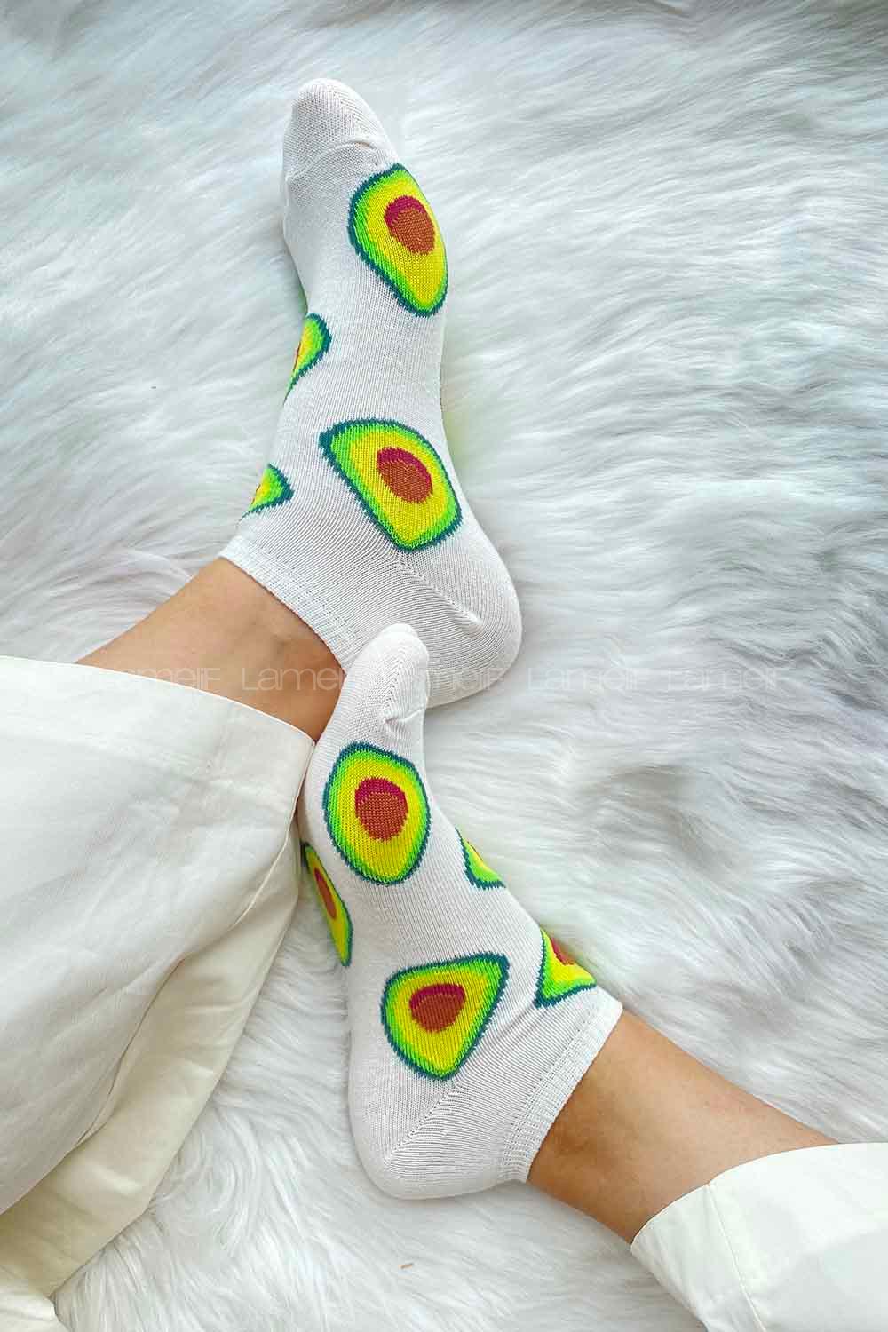 Modalamelif Avokado Baskılı Patik Çorap Ekru
