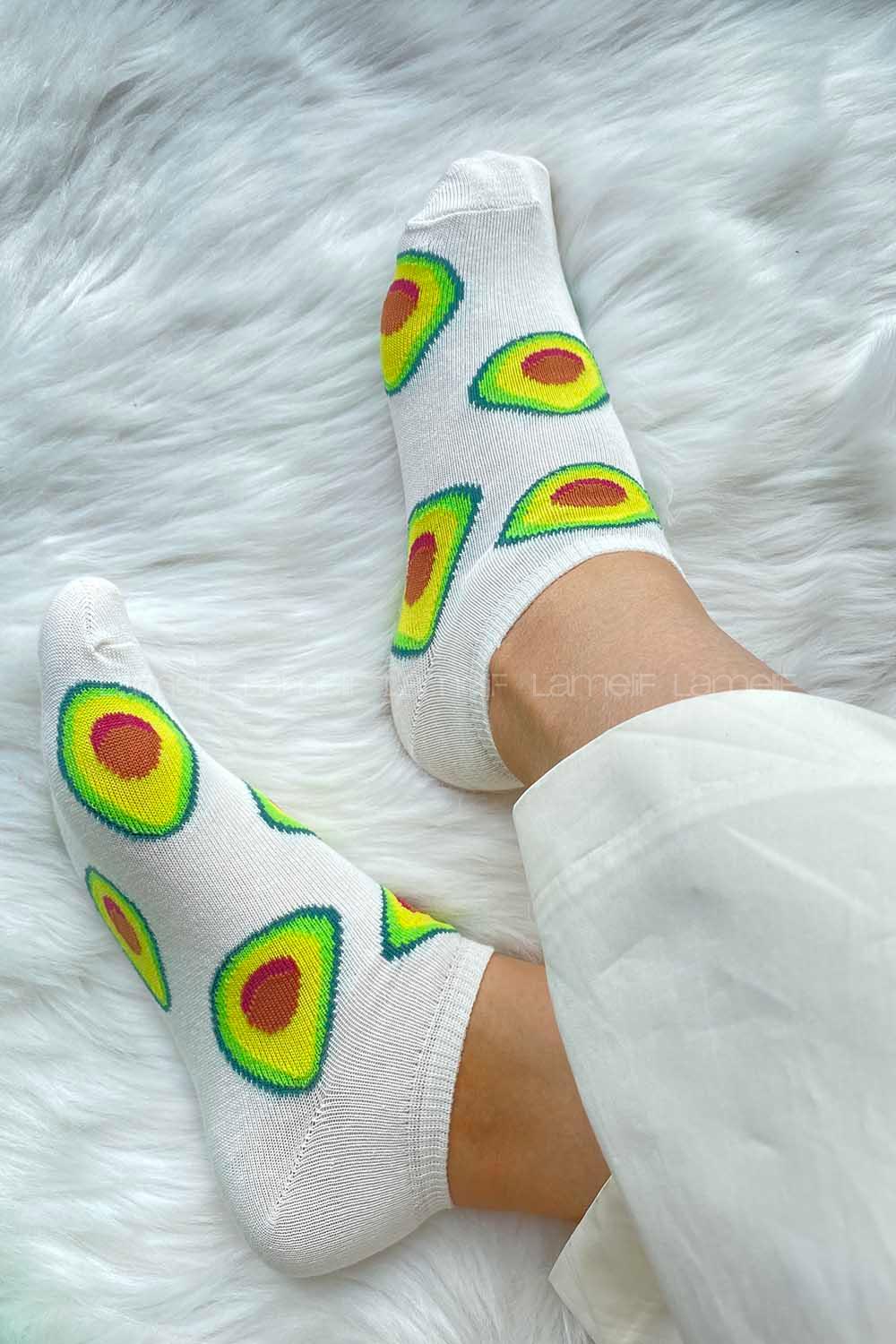 Modalamelif Avokado Baskılı Patik Çorap Ekru