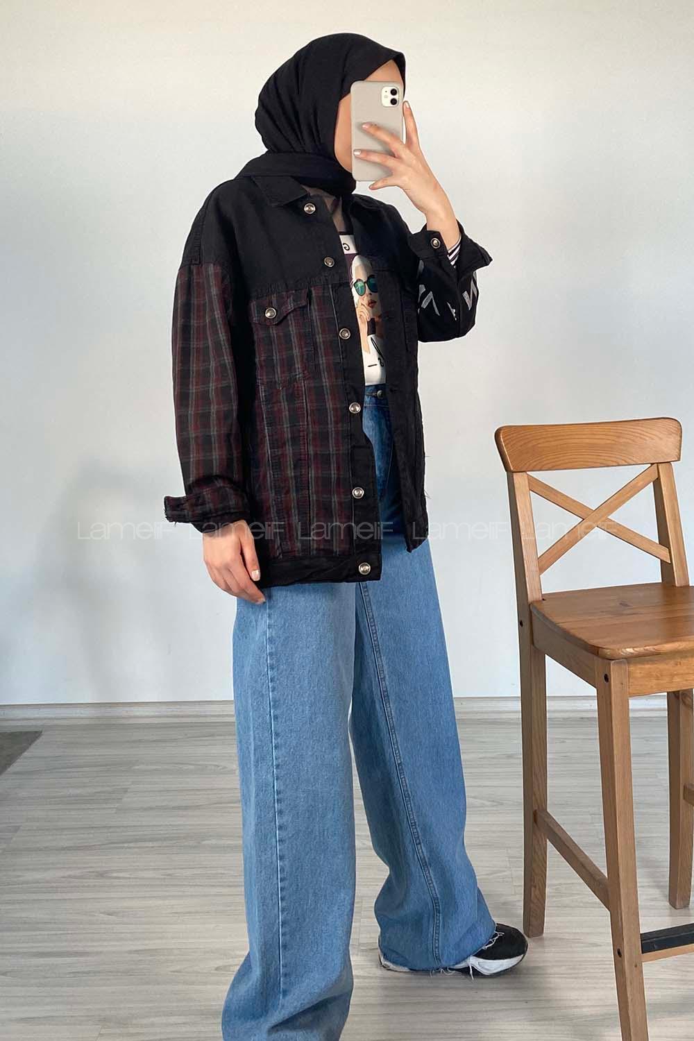 Modalamelif Ekose Garnili Kol Baskılı Ceket Siyah Bordo