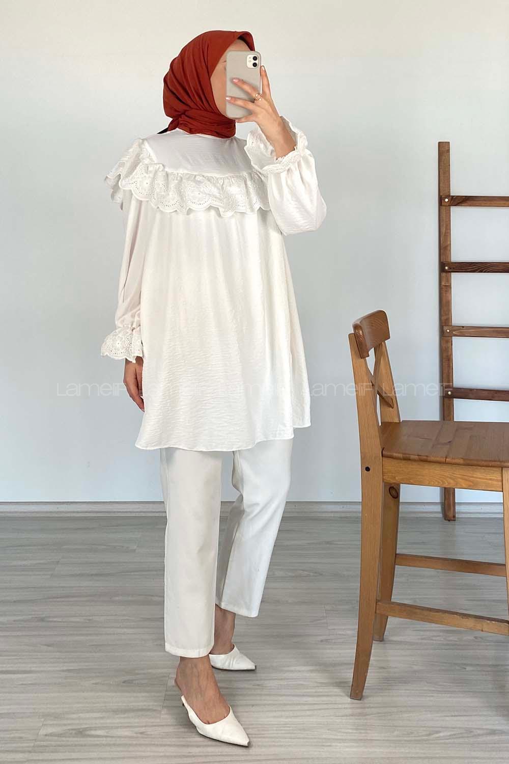 Modalamelif Güpür Fırfırlı Ayrobin Tunik Beyaz