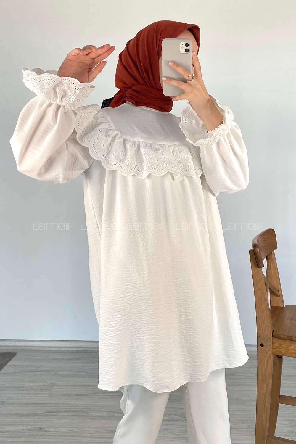 Modalamelif Güpür Fırfırlı Ayrobin Tunik Beyaz