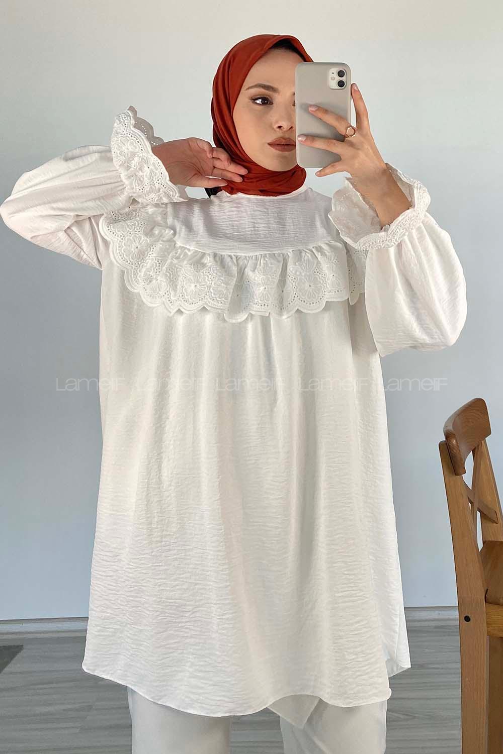 Modalamelif Güpür Fırfırlı Ayrobin Tunik Beyaz