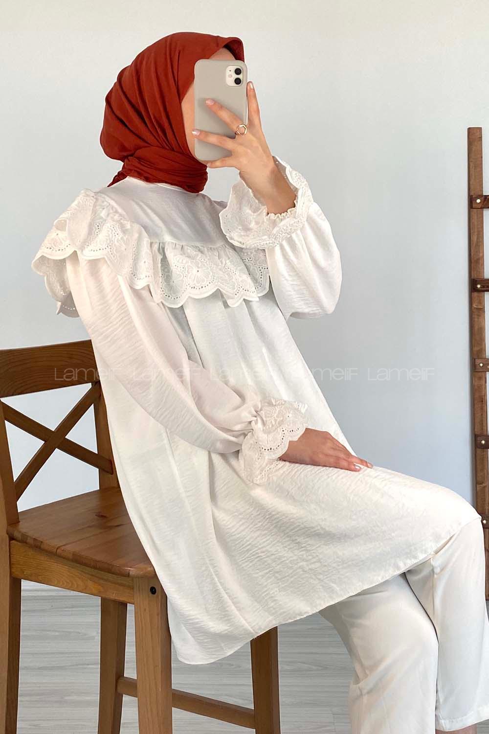 Modalamelif Güpür Fırfırlı Ayrobin Tunik Beyaz