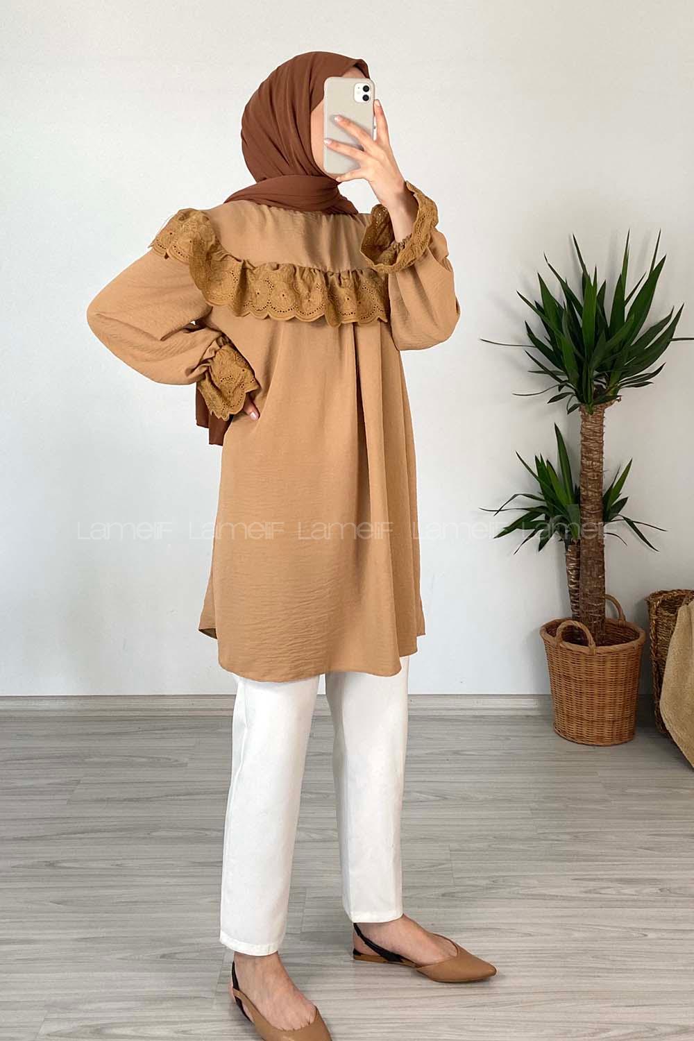 Modalamelif Güpür Fırfırlı Ayrobin Tunik Camel