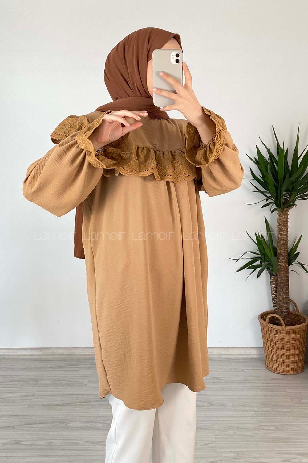 Modalamelif Güpür Fırfırlı Ayrobin Tunik Camel