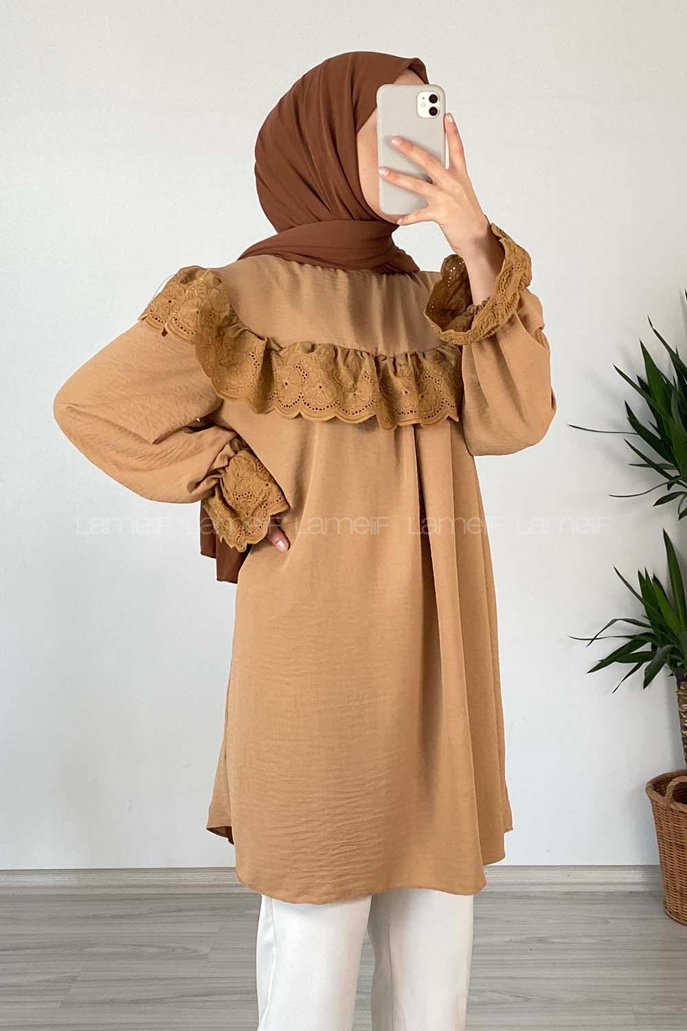 Modalamelif Güpür Fırfırlı Ayrobin Tunik Camel