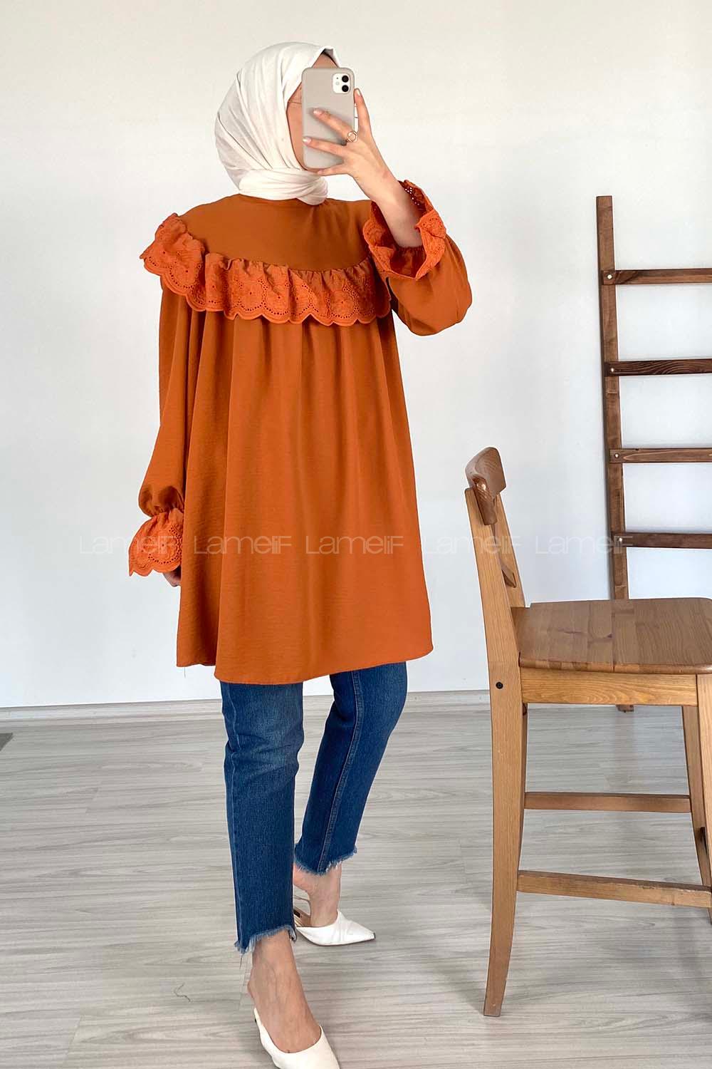 Modalamelif Güpür Fırfırlı Ayrobin Tunik Kiremit