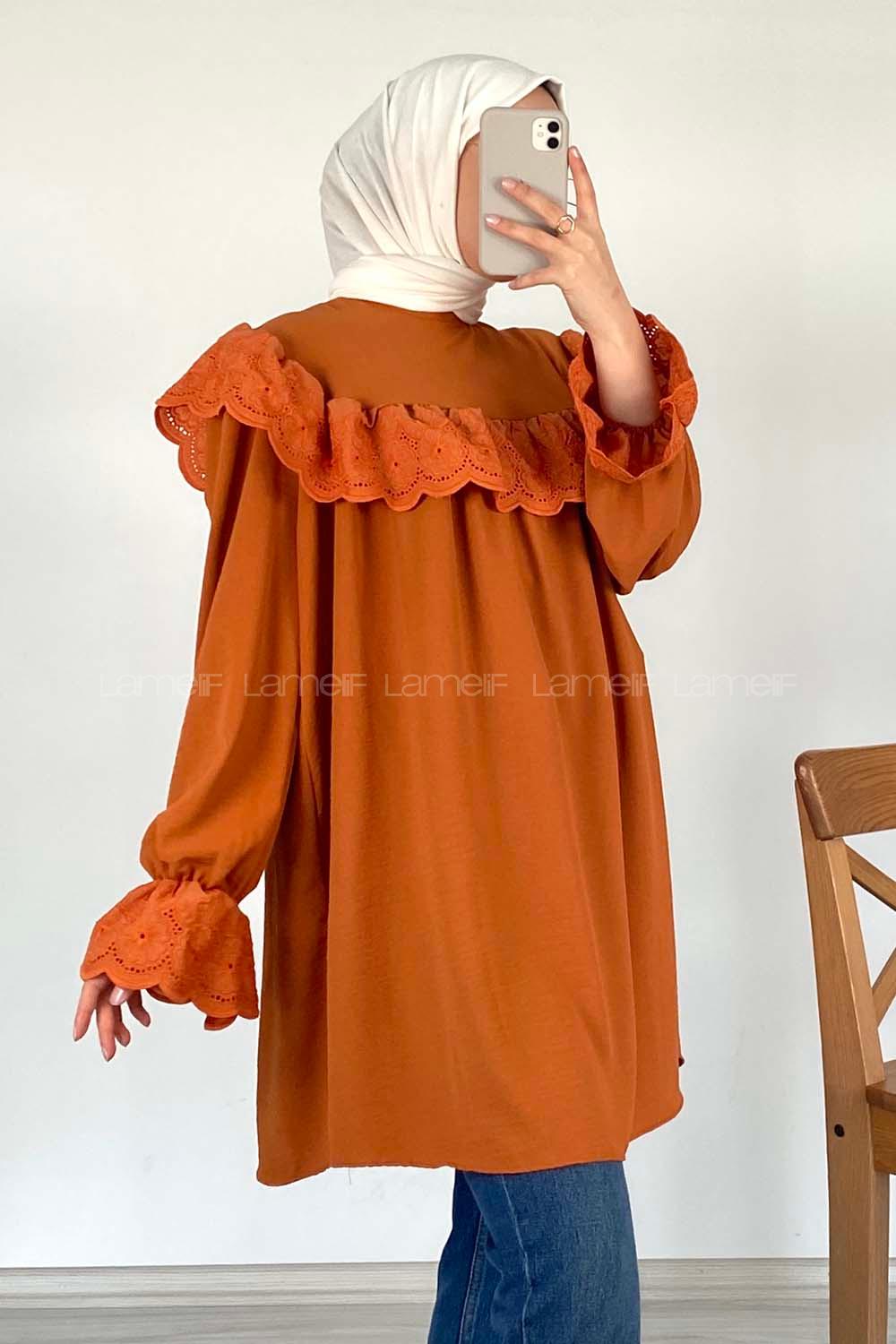 Modalamelif Güpür Fırfırlı Ayrobin Tunik Kiremit