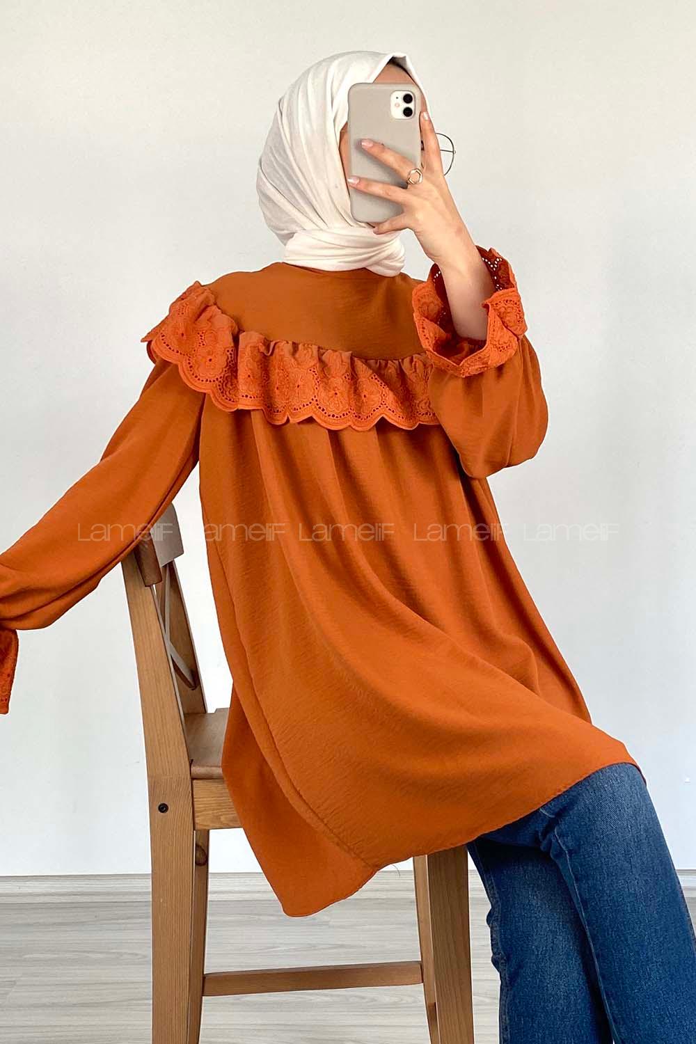 Modalamelif Güpür Fırfırlı Ayrobin Tunik Kiremit