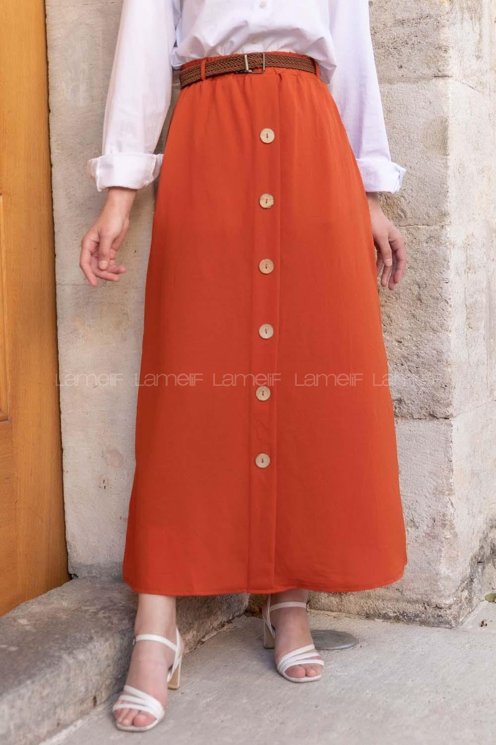 Modalamelif Hasır Kemerli Düğmeli Etek Kiremit