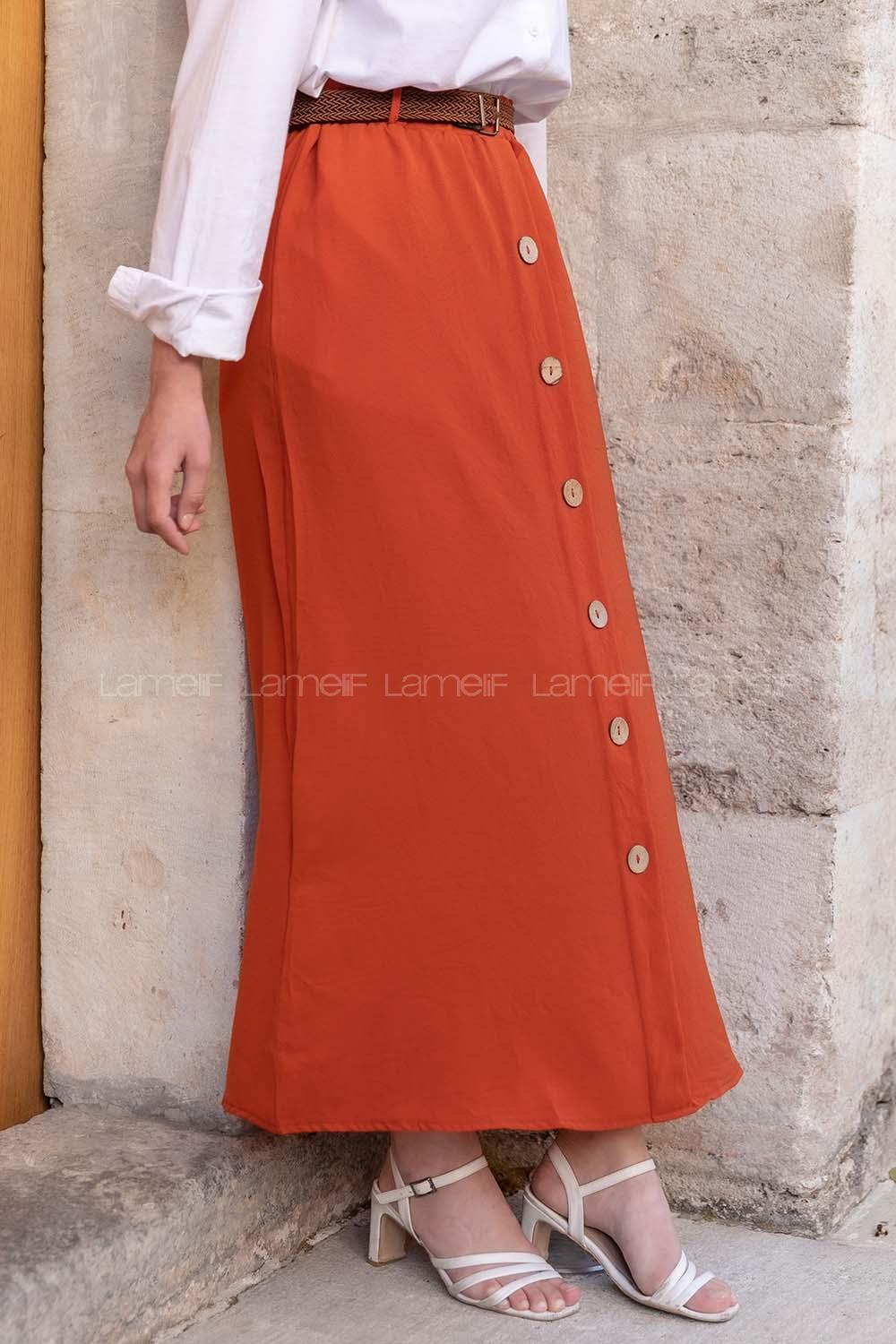 Modalamelif Hasır Kemerli Düğmeli Etek Kiremit