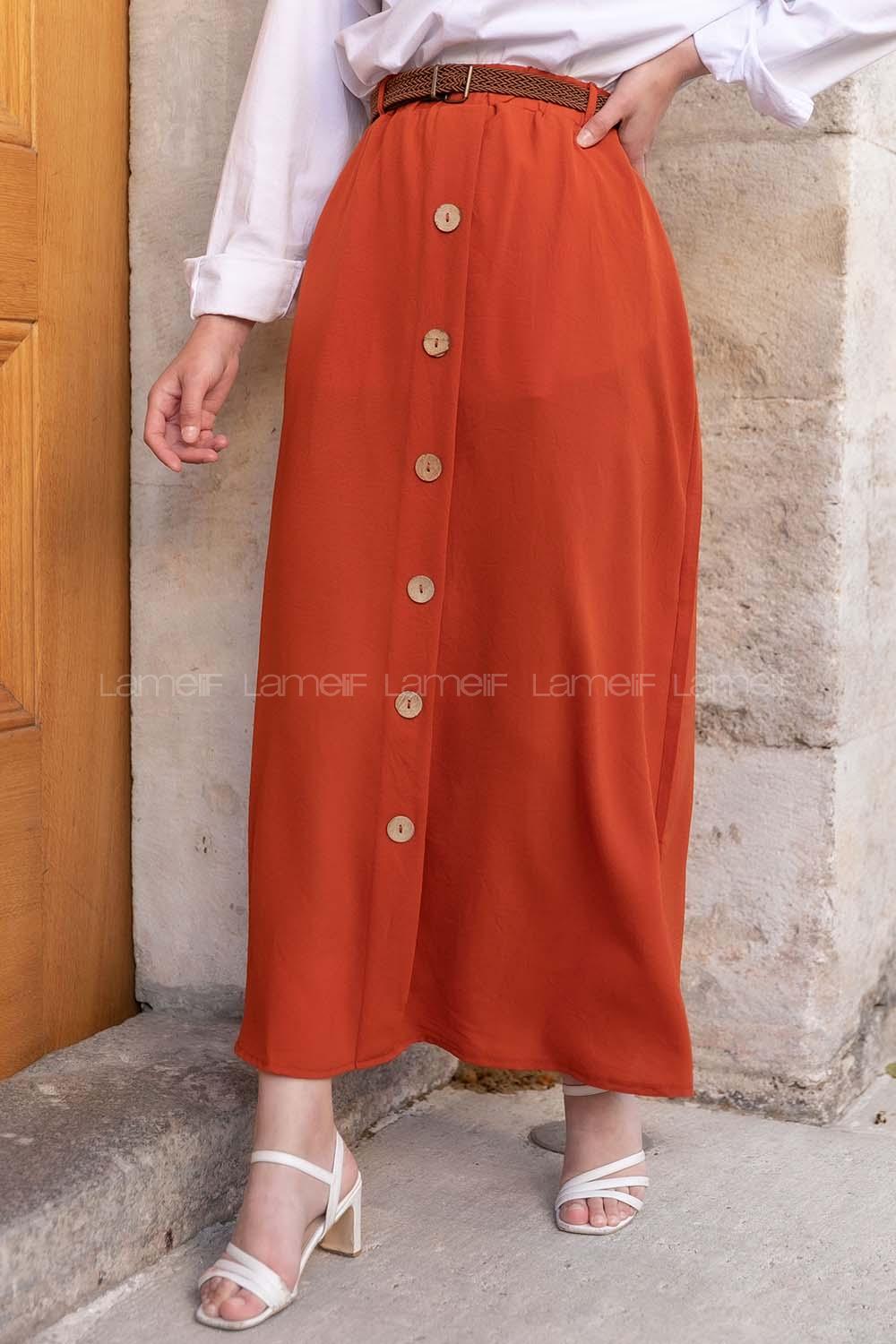 Modalamelif Hasır Kemerli Düğmeli Etek Kiremit