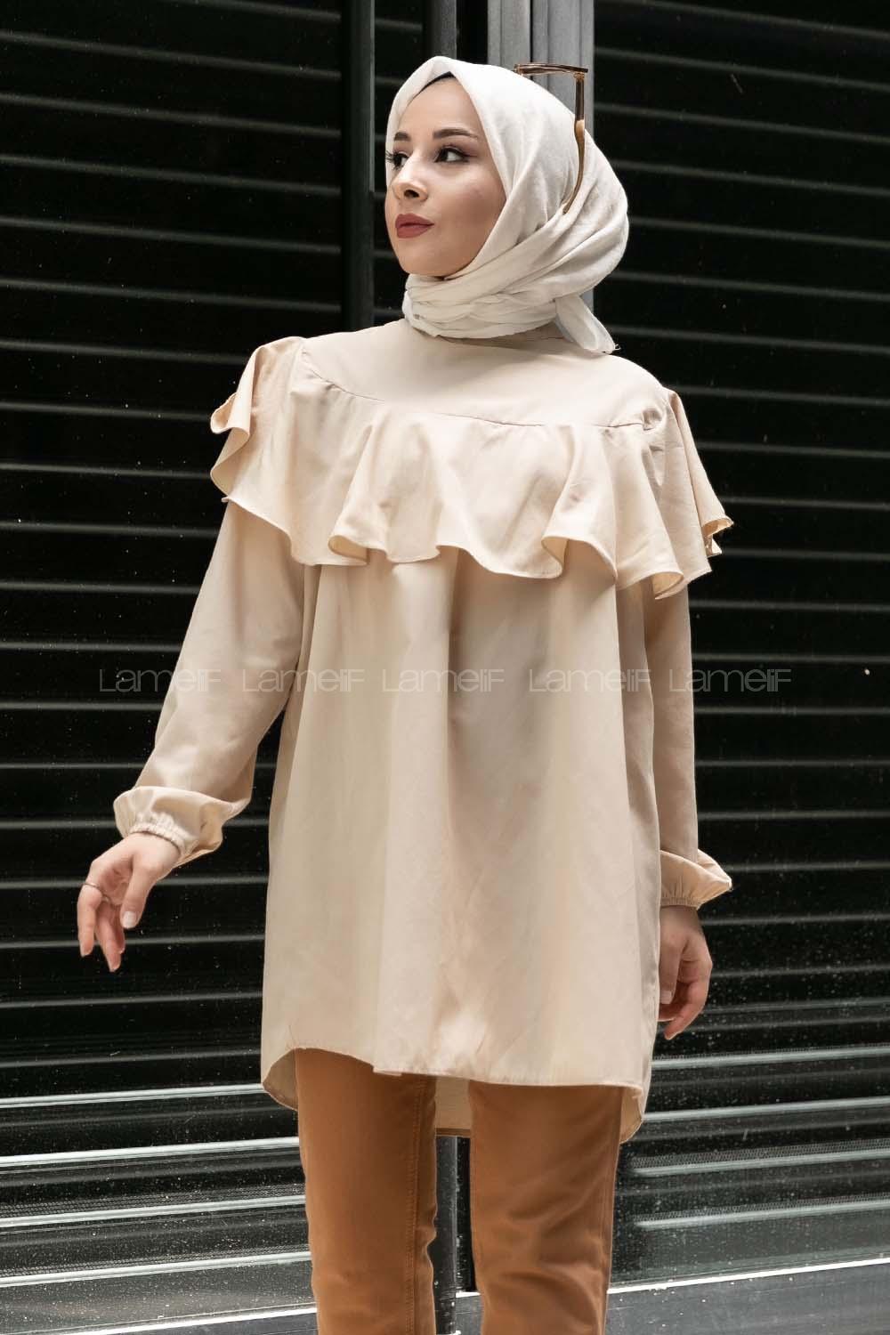 Modalamelif Kol Lastikli Önü Fırfırlı Tunik Taş