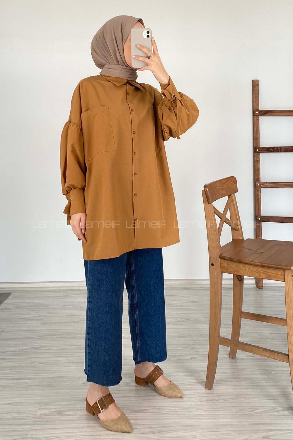 Modalamelif Kuşgözü Bağcıklı Çift Cepli Gömlek Camel