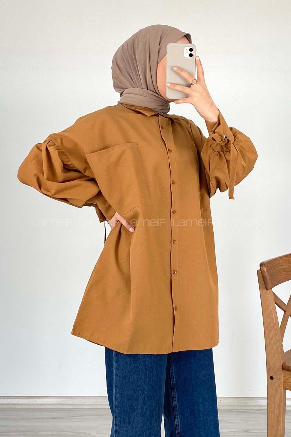 Modalamelif Kuşgözü Bağcıklı Çift Cepli Gömlek Camel