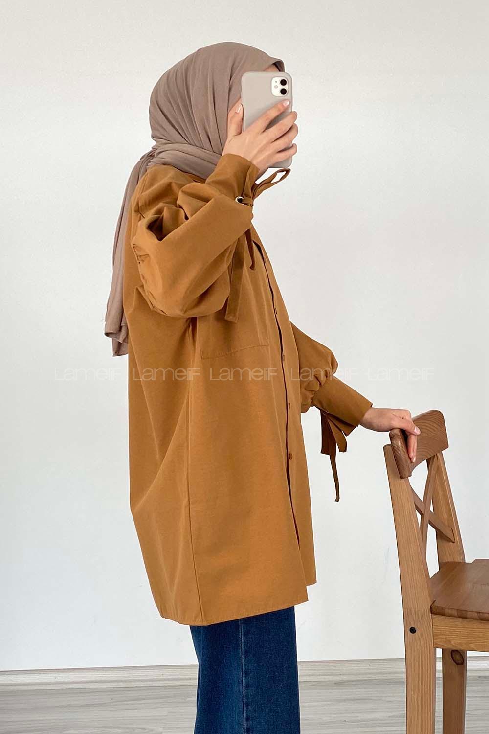 Modalamelif Kuşgözü Bağcıklı Çift Cepli Gömlek Camel