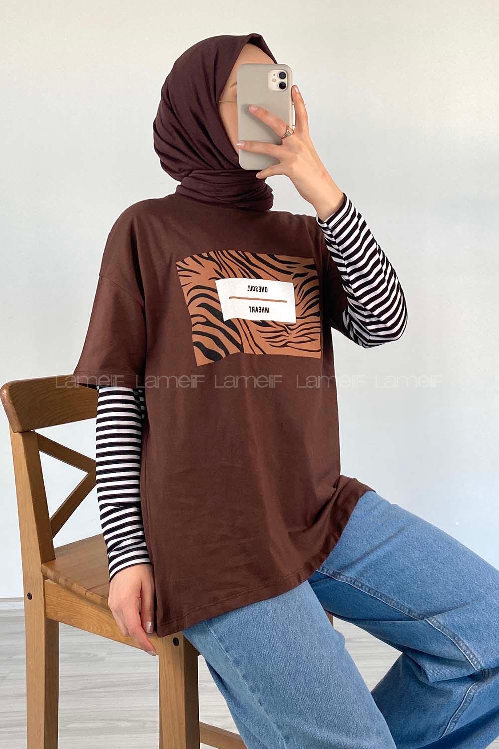 Modalamelif One Soul Baskılı Oversize T-Shirt Kahve
